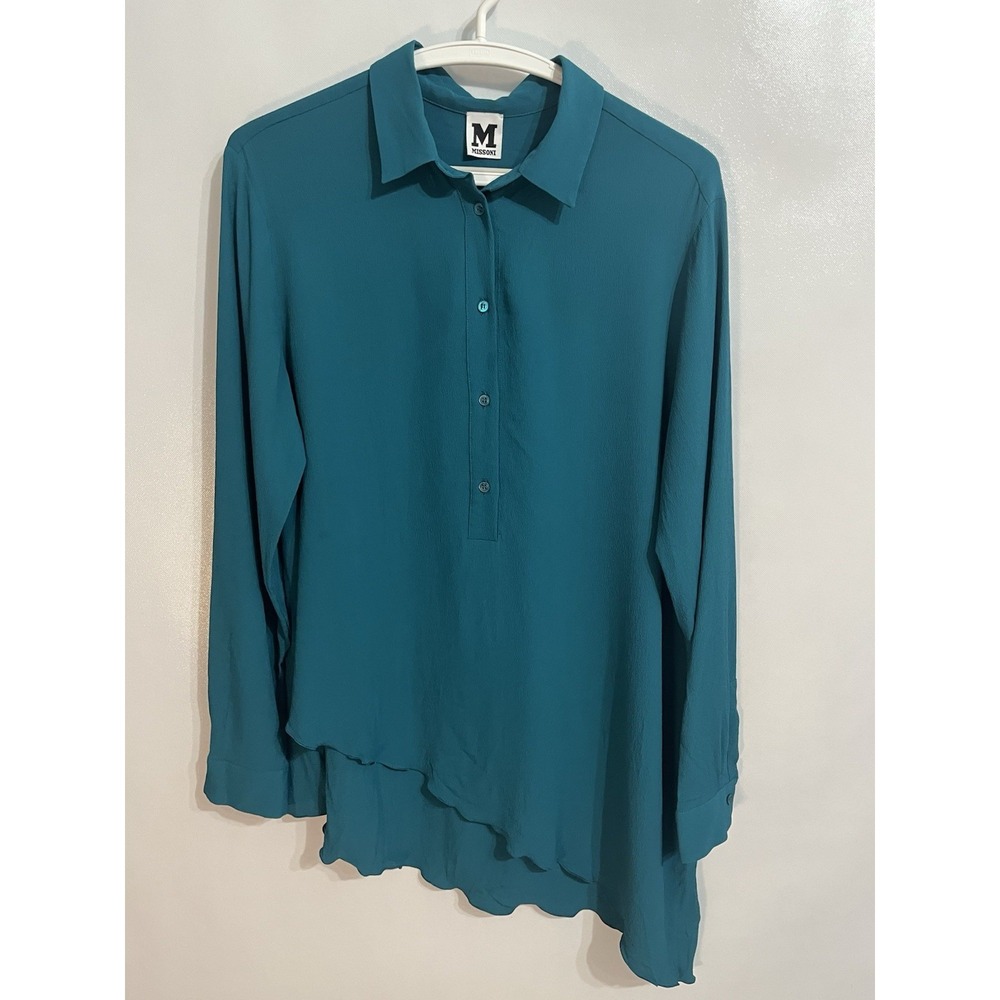 M Missoni IT 42 US 6 Womens Teal Silk Blend Asymmetrical Hem Button Top Tunic - Picture 2 of 7